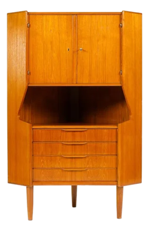 Danish Modern Mid Century Teak Corner Bar Cabinet — Johannes Sorth — Nexø Mobelfabrik, Attributed