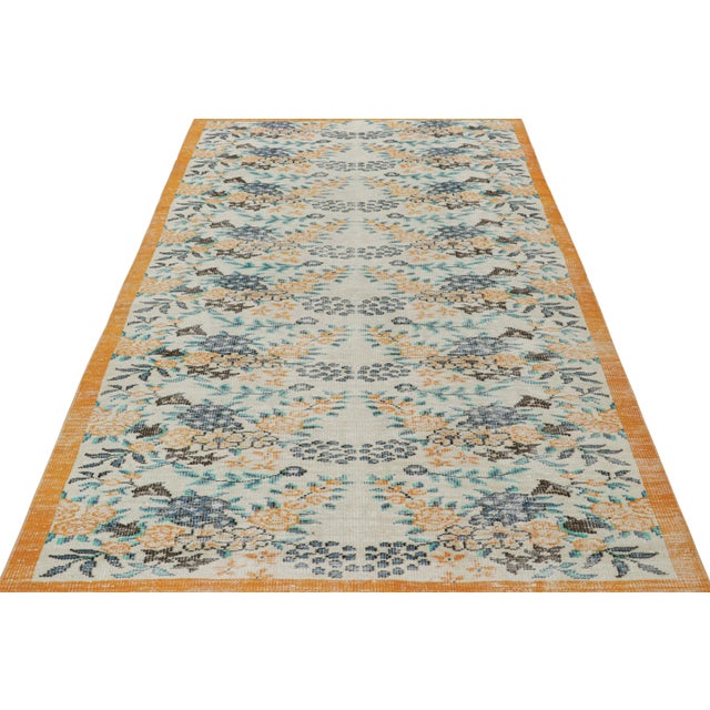 Traditional 1960s Vintage Zeki Muren Rug in Blue and Orange With Floral Patterns From Rug & Kilim For Sale - Image 3 of 7
