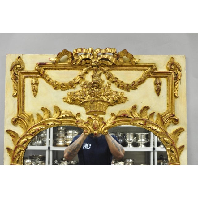 French Antique French Louis XV Style Cream & Gold Gilt Drape Ribbon Trumeau Wall Mirror For Sale - Image 3 of 17