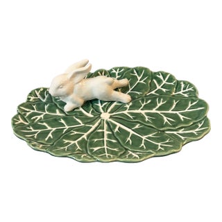 1980s Majolica Rabbit on Cabbage Leaf Dish For Sale