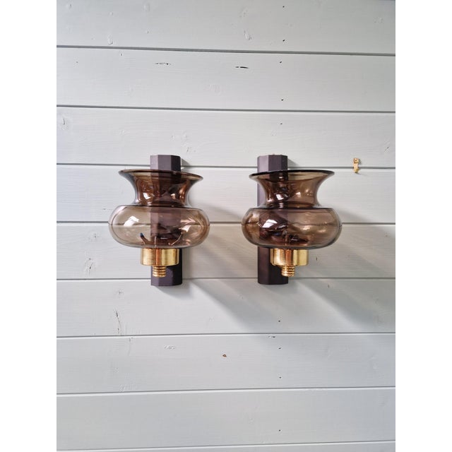 Mid-Century Modern Brass and Smoked Glass Wall Sconces, 1960s, Set of 2 For Sale - Image 3 of 16