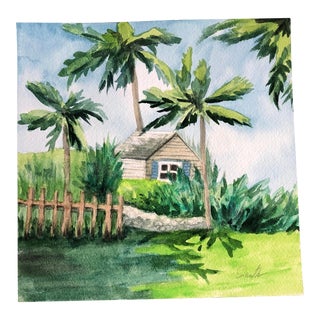 "Tropical Cottage With Blue Shutters" Contemporary Original Watercolor and Mixed-Media Painting by Nancy Smith For Sale