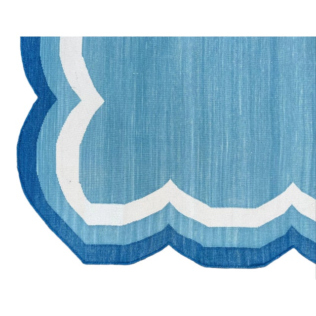 Handmade Cotton Area Scalloped Rug Tiffany Blue, Cream and Indigo Blue Border Dhurrie - 10'x14' For Sale - Image 10 of 11