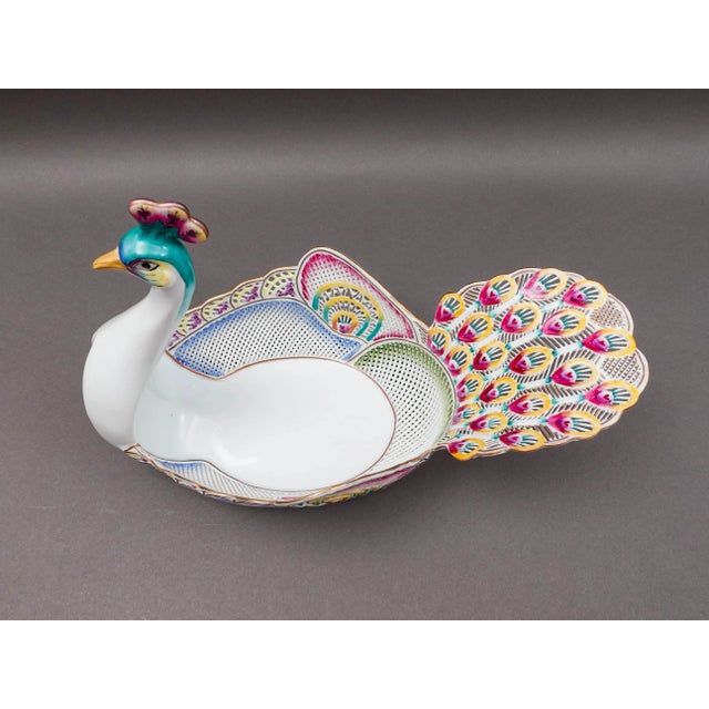 Mid 20th Century Moga Romania Hand Painted Porcelain Large Peacock Centerpiece Bowl For Sale In Miami - Image 6 of 8