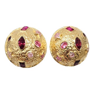 Vintage 1980s Signed Guy Laroche Paris Goldtone Round Domed Rhinestone Clip Earrings- 2 Pieces For Sale