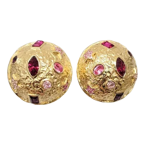 Vintage 1980s Signed Guy Laroche Paris Goldtone Round Domed Rhinestone Clip Earrings- 2 Pieces