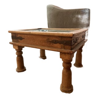 Vintage Indian Carved Teak Accent Table With Shadowbox Inset Brass Window Grate Glass Top For Sale
