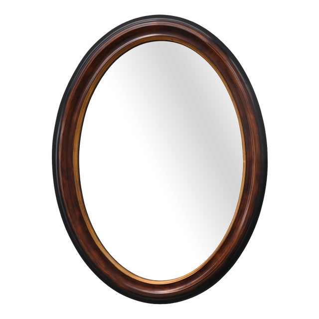 Oval Wall Mirror with Walnut-Toned Frame and Gilt Inner Edge from Deknudt, Belgium, 1950s For Sale