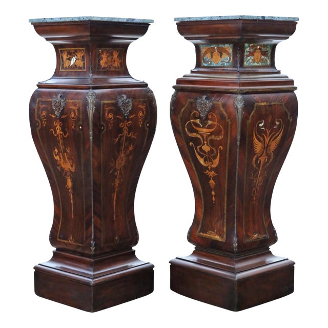 Large Antique Neoclassical Marquetry Jardiniere Stands with Ormolu Mounts and Marble Tops, 19th Century, Set of 2 For Sale