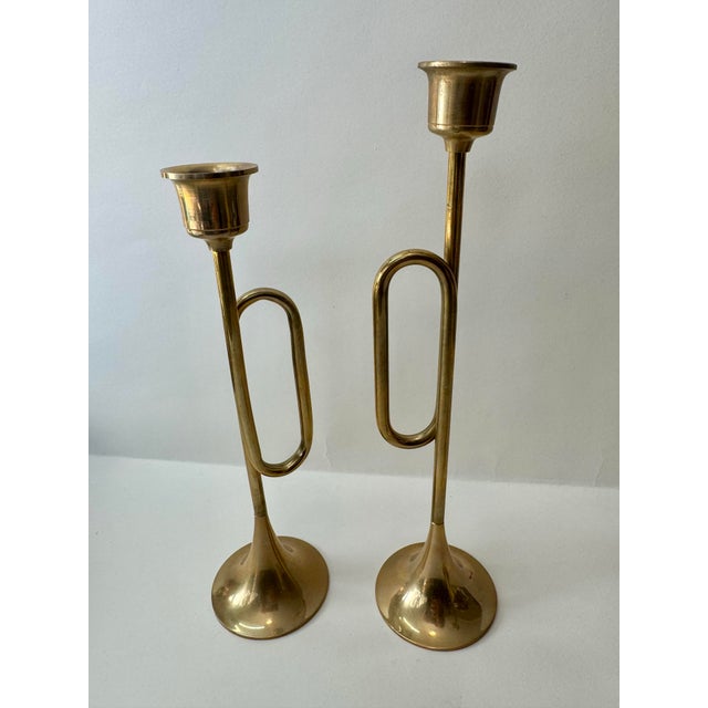 Vintage Brass Tabletop Collection: Trumpet & Reindeer Taper Holders - Set of 5 For Sale - Image 6 of 9