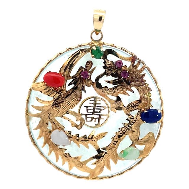 Vintage 14k Gold Chinese Dragon & Phoenix Multi-Stone Pendant For Sale
