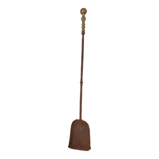 Antique 18th Century Wrought Iron Turned Brass English Fireplace Shovel Tool 16 For Sale