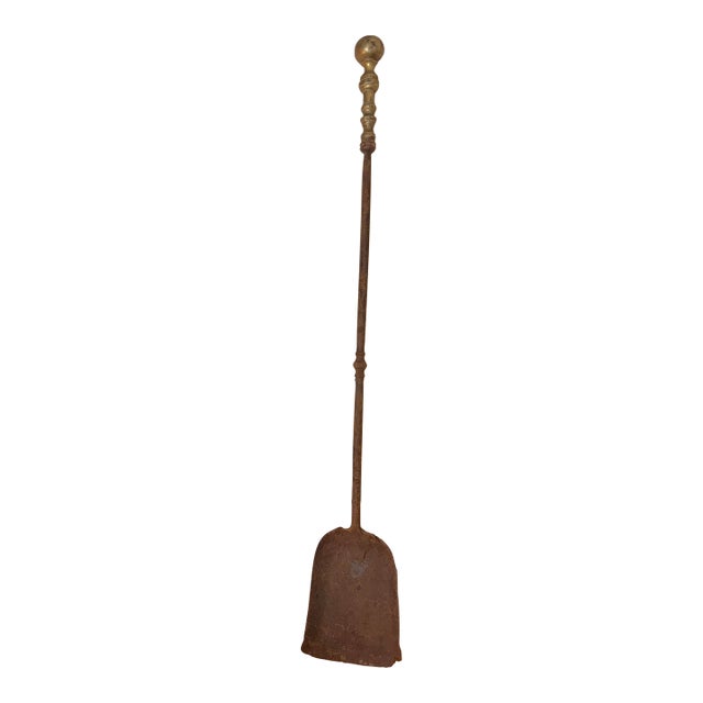 Antique 18th Century Wrought Iron Turned Brass English Fireplace Shovel Tool 16 For Sale