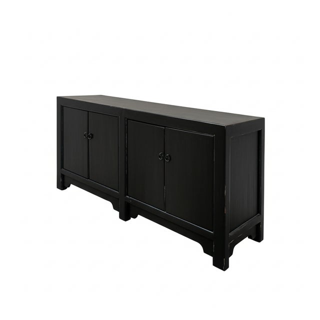 Abstract Distressed Black Rough Wood 4 Doors Credenza Console Cabinet For Sale - Image 3 of 4