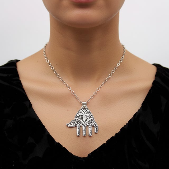 Vintage Berber Hand of Fatima/ Hamsa Sterling Silver Pendant With Abstract Foliate Motif For Sale - Image 9 of 9