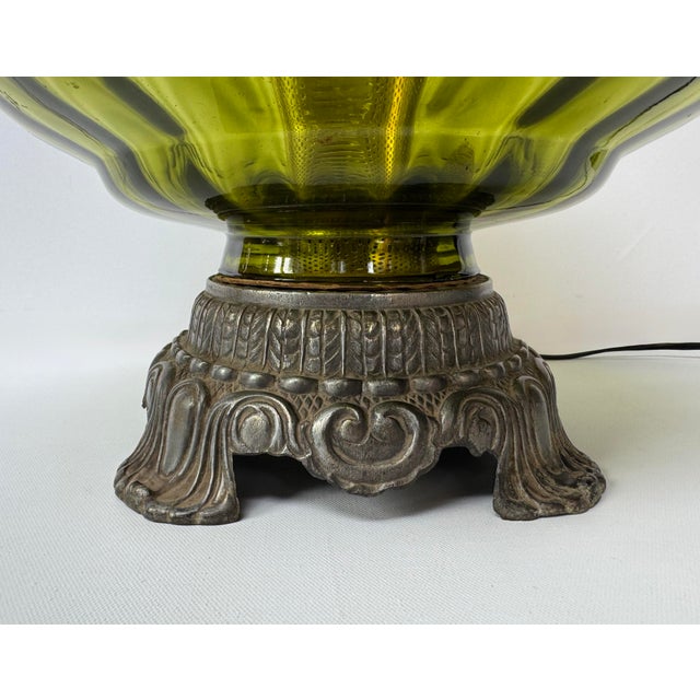 Vintage 1973 e.k. Olive Green Floral Glass Lighted Table Lamp For Sale - Image 9 of 16