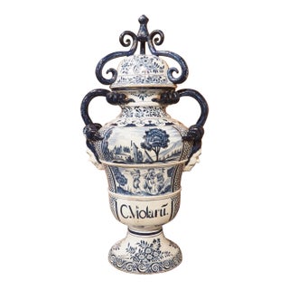 Large Antique Italian Blue and White Lidded Urn, 19th Century For Sale