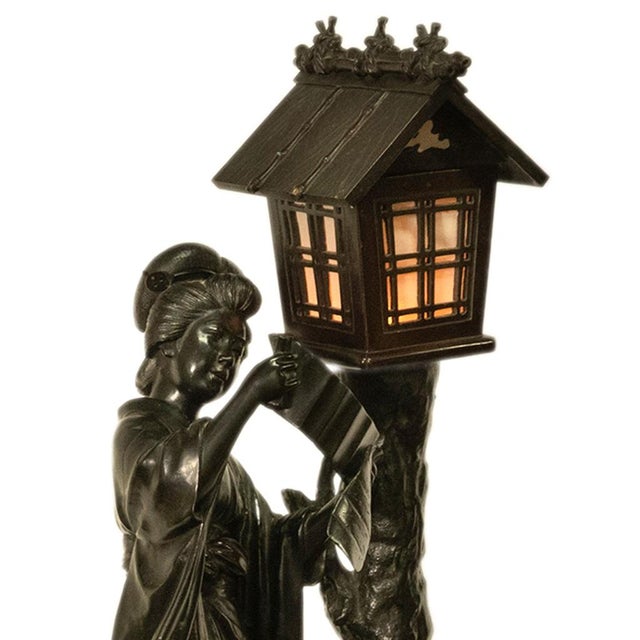 Antique Japanese Meiji Period Cast Bronze Geisha Statue Figure Lamp Signed 1890 For Sale - Image 14 of 16