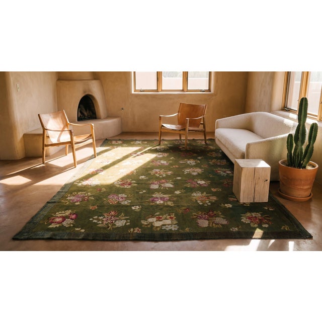 Army Green Superb Army-Green Color With Folk Art-Empire Period Style Antique French Savonnerie Rug For Sale - Image 8 of 10