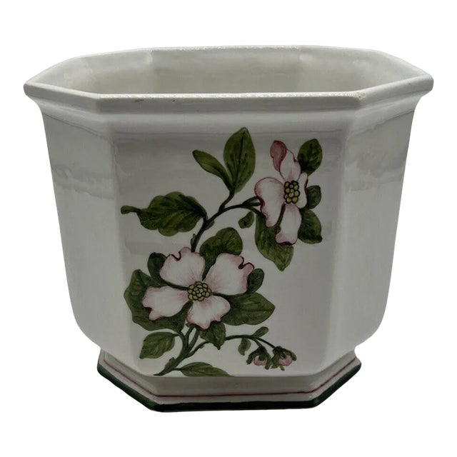 Vintage Italian Handpainted Dogwood Octagonal Cache Pot For Sale