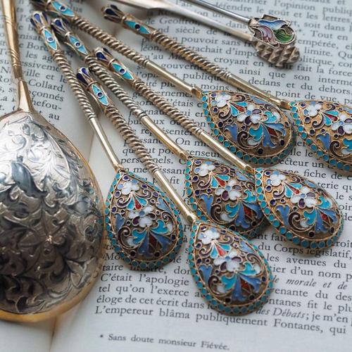 Antique Russian Silver Enamel Cloisonne Spoons by Dmitrii Nikolaevich Nikolaev, 1900s, Set of 6 For Sale - Image 17 of 18