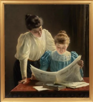 Journal Amusante (Life-Size 19th-Century European Oil, Manheim Tag $25000), Alexis Nys, Framed