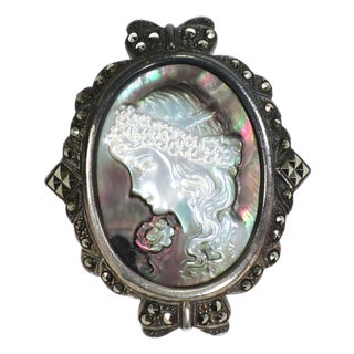 Antique Edwardian Sterling Abalone Marcasite Cameo Brooch 1910s For Sale