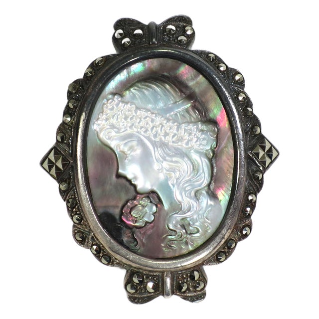Antique Edwardian Sterling Abalone Marcasite Cameo Brooch 1910s For Sale