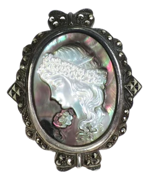 Antique Edwardian Sterling Abalone Marcasite Cameo Brooch 1910s