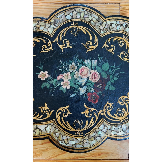 Antique 19th C Floral, Gold Gilt, Mother of Pearl, Papier Mache Scalloped TableTop/Wall Hanging 22"x18" 1880''s For Sale In Houston - Image 6 of 7