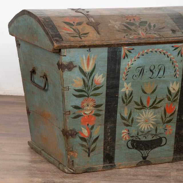 Early 19th Century Original Blue Painted Swedish Dome Top Oak Trunk Dated 1827 For Sale - Image 9 of 14