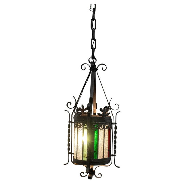 French Lustre Colored Glass & Wrought Iron Pendant Light, Late 19th Century For Sale - Image 14 of 14