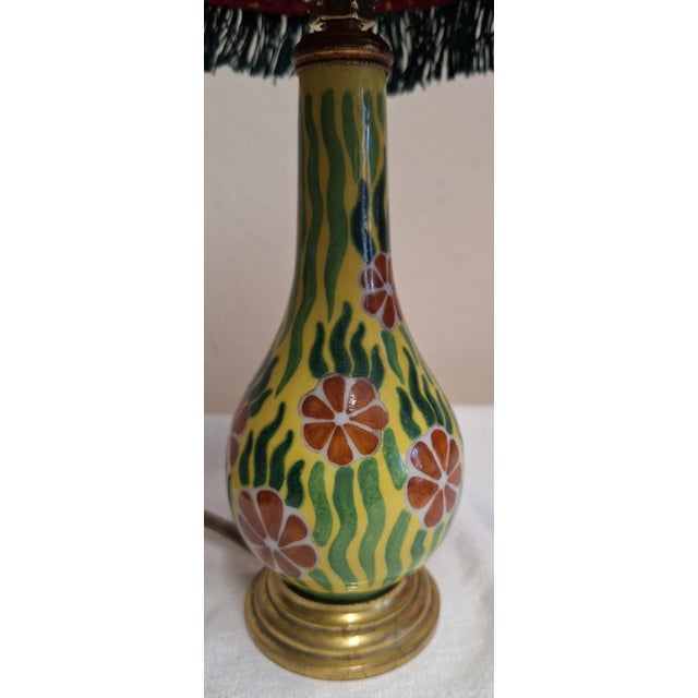 Metal Antique Art Nouveau Table Lamp with Painted Ceramic Base in Brass Socket and Fabric Shade by Lamplove, 1910s For Sale - Image 7 of 10