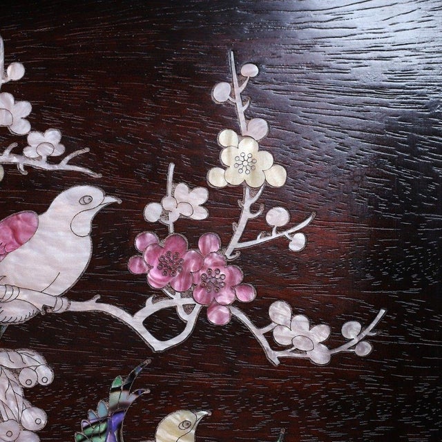Wood Late 20th Century Square Wooden Tray With Mother-of-Pearl Bird and Blossom Inlay For Sale - Image 7 of 9