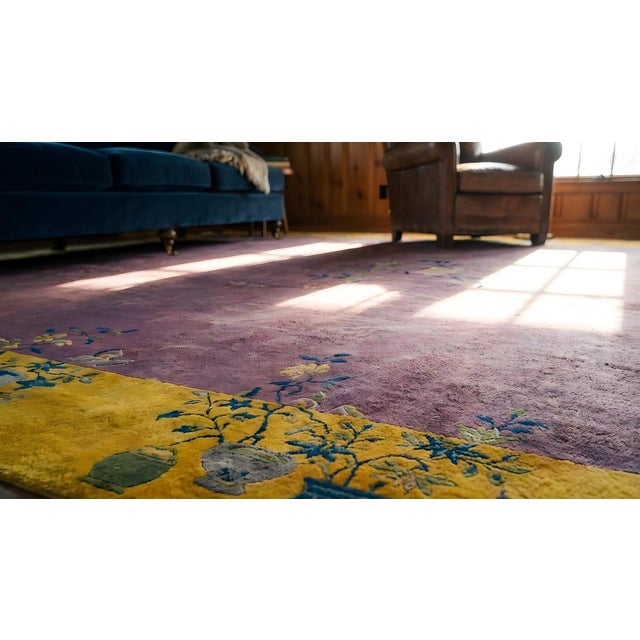 Textile Delicate Orange Border Floral in a Mauve Background Color Antique Chinese Art Deco Rug For Sale - Image 7 of 9