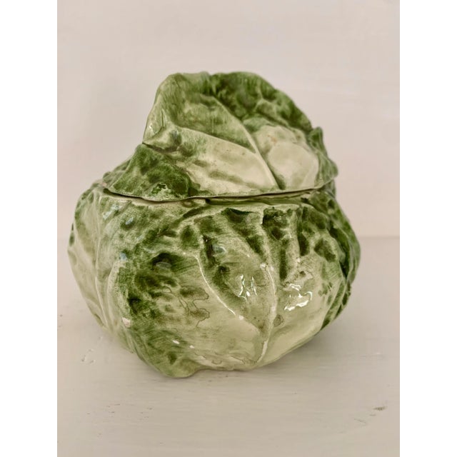A vintage Vietri Italy cabbage leaf bowl with matching lid. This trompe l’oeil covered bowl is made to look like a whole...