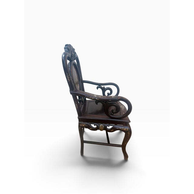 Mid 20th Century Vintage Chinese Hardwood Armchair With Mother-of-Pearl Inlay and Carved Longevity Motifs For Sale - Image 5 of 15