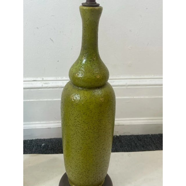 1960s Mid Century Ceramic Lamps With Original Reed & Textile Shades - A Pair For Sale - Image 5 of 8