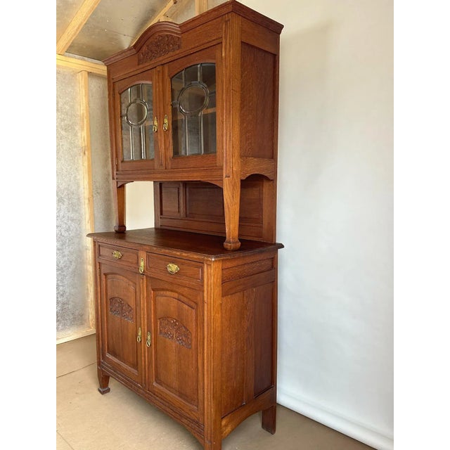 1920 Early American Buffet Art Deco Mid-Centry Oak Glass Doors. Latched Drawers & Original Key. For Sale - Image 4 of 12