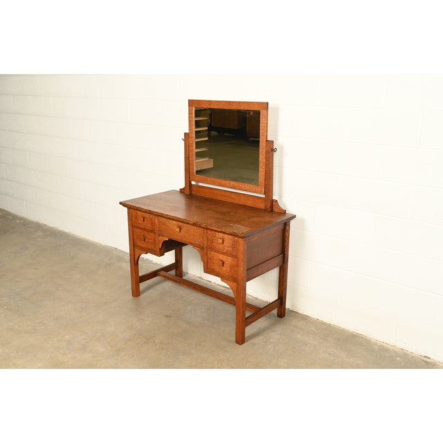 Charles Limbert Limbert Style Antique Mission Oak Arts & Crafts Vanity or Dressing Table With Mirror, Circa 1910 For Sale - Image 4 of 14