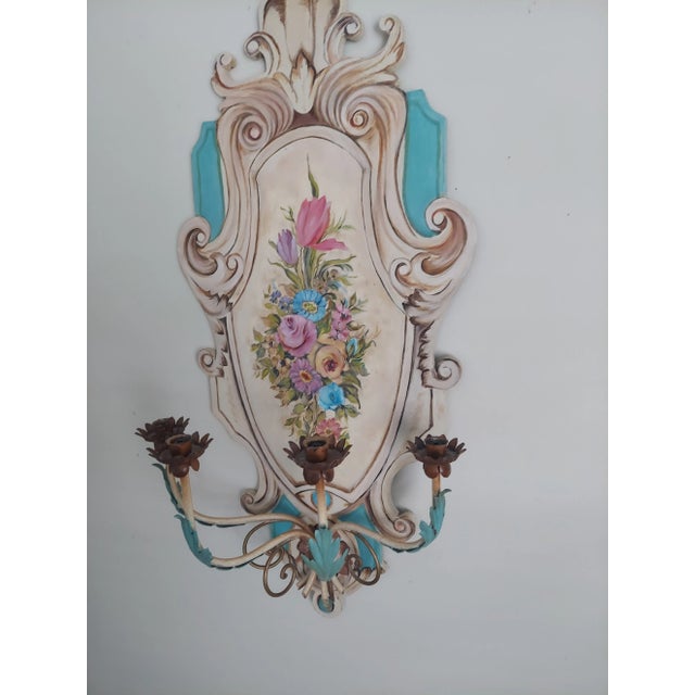 1970s Vintage Hand Painted Italian Style Wooden Wall Sconce With Metal 4 Branch Candleholder For Sale - Image 5 of 15