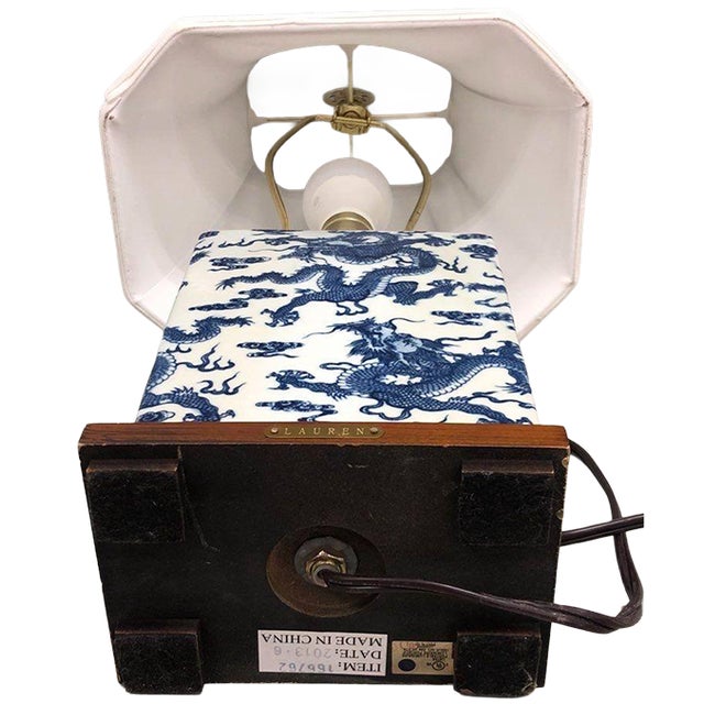Rare Vintage Ralph Lauren Blue & White Dragon Chinoiserie Porcelain Table Lamp With Brass and Wood Base For Sale - Image 15 of 18