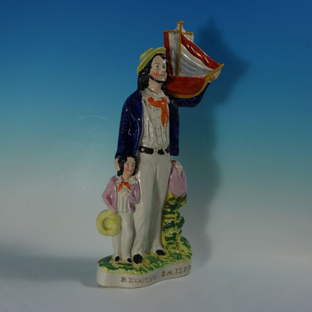 Victorian Staffordshire Pottery Begging Sailor Figure For Sale - Image 6 of 11