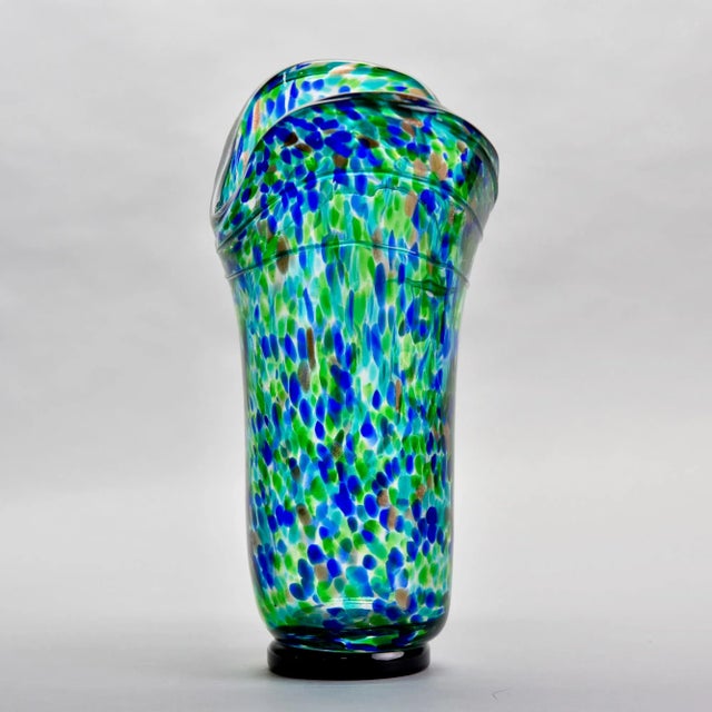 Tall Vintage Blue Green Gold Splatter Art Glass Vase | Chairish