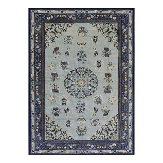 1890s Antique Sky Blue Medallion Greek Key Knotted Wool Rectangle Room Size Rug For Sale