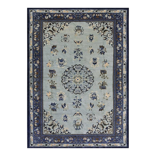 1890s Antique Sky Blue Medallion Greek Key Knotted Wool Rectangle Room Size Rug For Sale