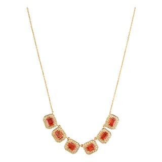14k Yellow Gold 2.67ct Emerald-Cut Orange Sapphire Diamond Halo Station Necklace For Sale