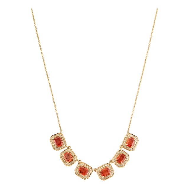 14k Yellow Gold 2.67ct Emerald-Cut Orange Sapphire Diamond Halo Station Necklace For Sale