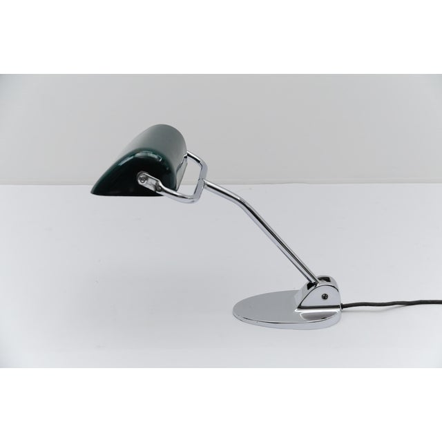 Mid-Century Modern Bauhaus Chrome and Green Enamel Banker Lamp by Jacobus, 1930s For Sale - Image 3 of 18