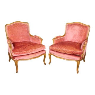 Gently Worn Rose Velvet French Walnut Louis XV Bergere Chairs - A Pair For Sale